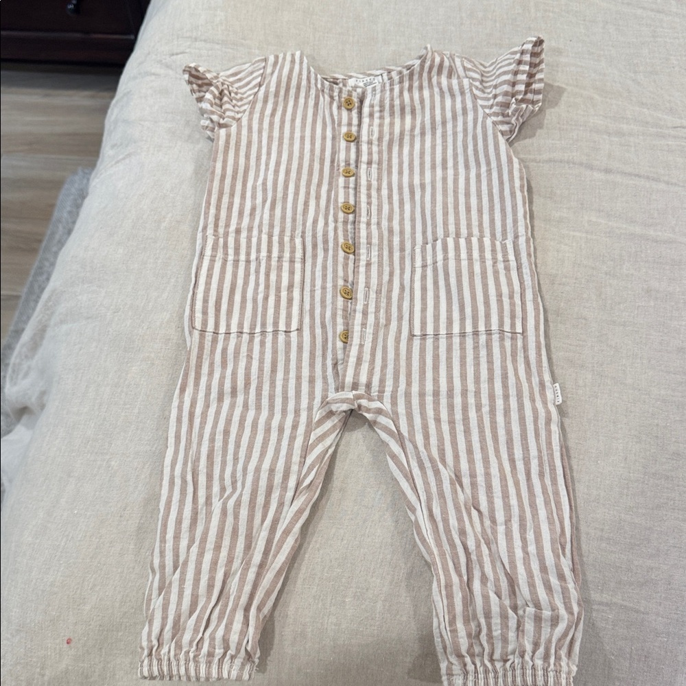 Firsts by Petit Lem Striped Beige and White Baby Jumpsuit